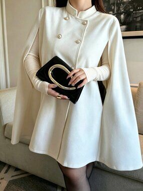 White Elegant Women's Plus Size Double-Breasted Cape Coat